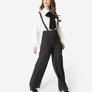 Anthropologie black & white hi rise polka dot overalls wide leg suspender pants